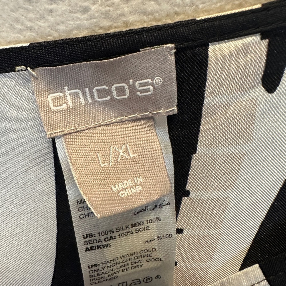Chico's Silk Zebra Print Kaftan Top Black Brown White L/XL Poncho Blouse - Picture 3 of 9